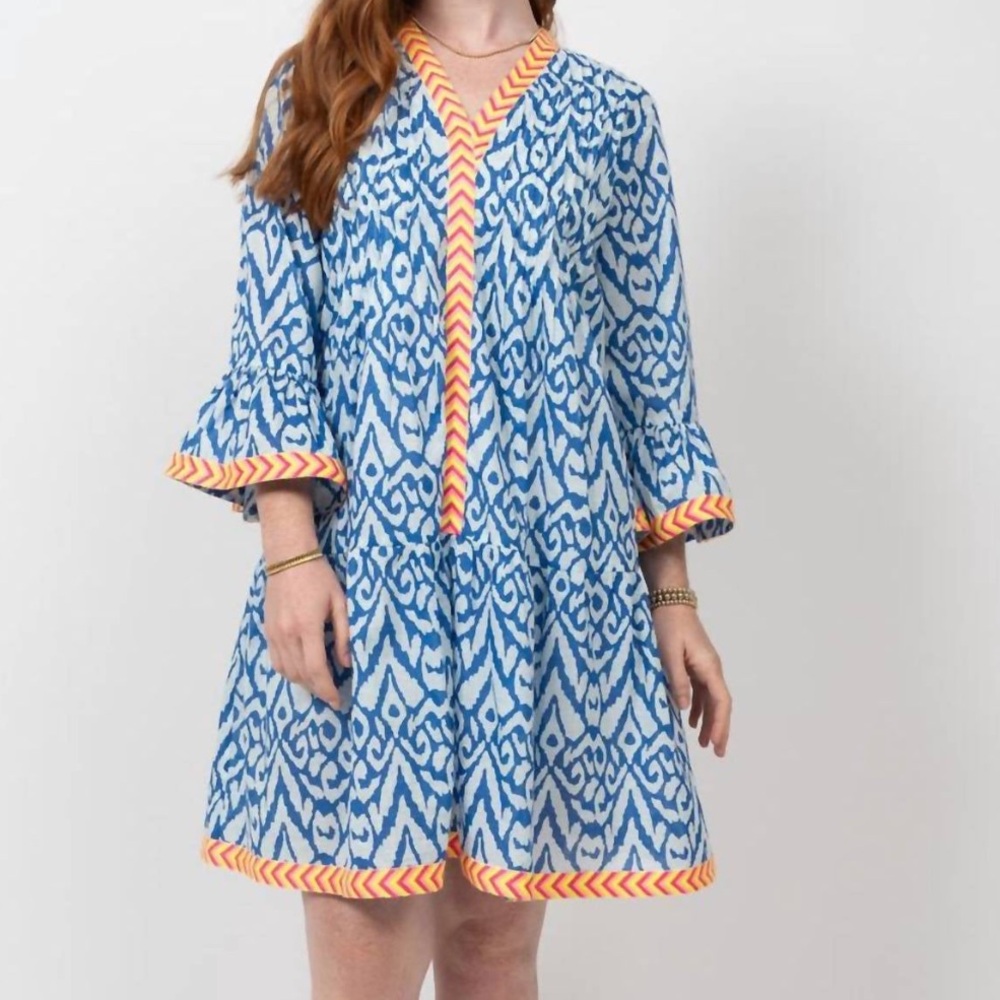Unkle Frank Blue & White Dress with Neon Ikat Embroidered Trim and pockets